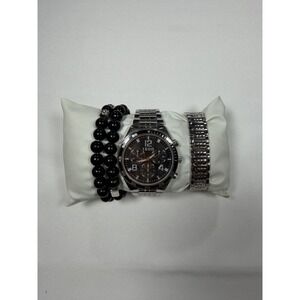 IZOD Men's Chronograph Watch Set IZO2155BU Silver Tone Dial Beaded Bracelets